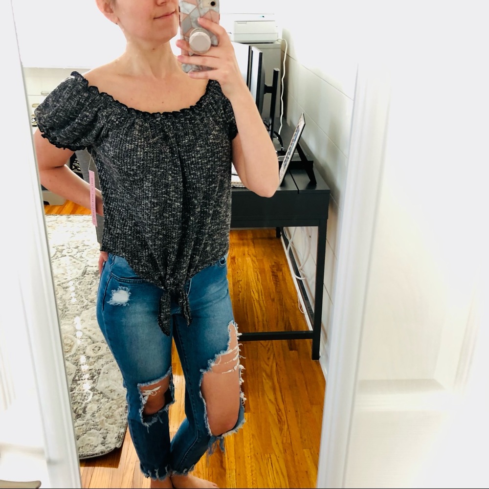 NEW Crave Fame Heathered Black Off-the-Shoulder Top